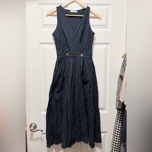 Mango Navy Pinstripe Sleeveless Midi Dress with Button Waist